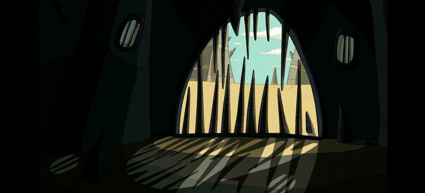 An old prison in the City of Thorns: an arched opening blocked by black thorns, with desert and conical towers beyond